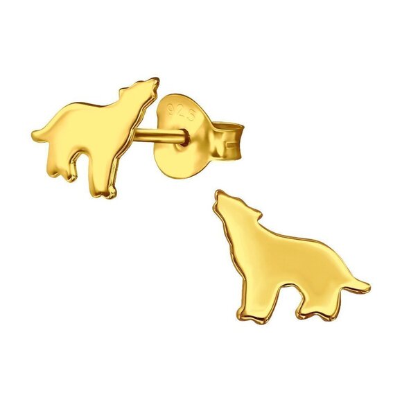 14k Gold Howling Wolf Stud Earrings - Picture 1 of 8